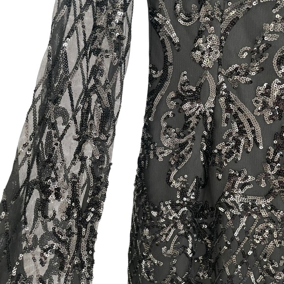 PrettyLittleThing Black Bodycon Long Sleeve Dress Sheer Sleeves Beaded - Picture 6 of 13